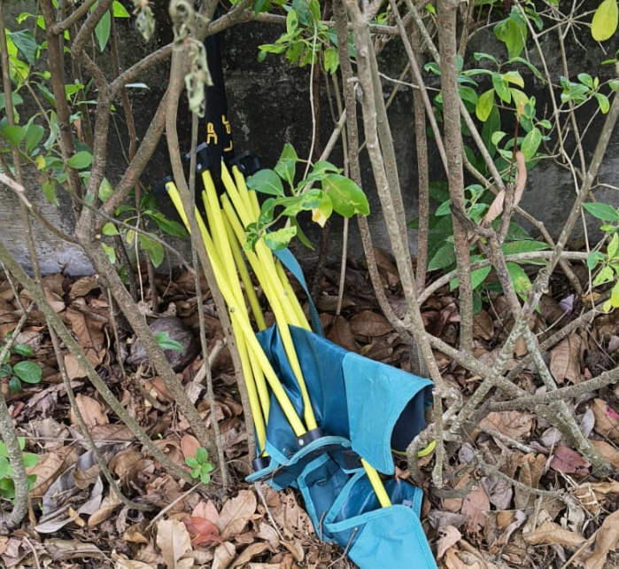 12 Apr: Folding chair with number lock found near lamp post L3 45. Assistance from NParks is needed to cut and remove the chair.